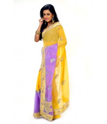Eye Catching Yellow & Purple Zari Embroidered Saree DSCB0806